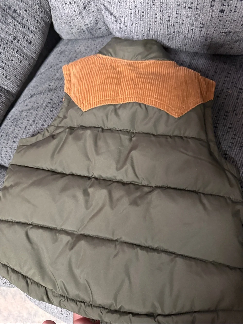 Old Navy Olive Green Puffer Vest with Tan Corduroy Accents
